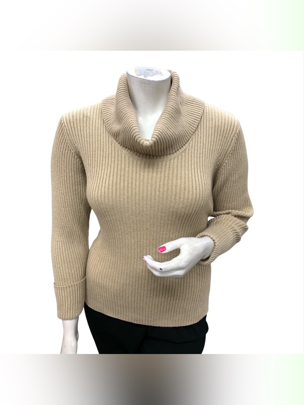Calvin Klein Ribbed Cowl Neck Sweater - Beige Size Xl